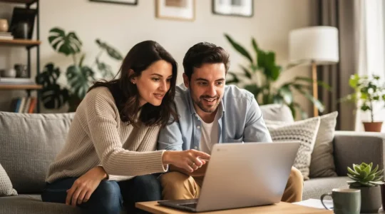 Couple français trentenaire consultant un crédit immobilier sur ordinateur dans leur salon