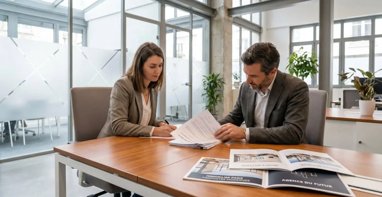 Agent immobilier et propriétaire signant un contrat de mandat dans une agence contemporaine avec documents officiels sur le bureau