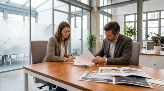 Agent immobilier et propriétaire signant un contrat de mandat dans une agence contemporaine avec documents officiels sur le bureau