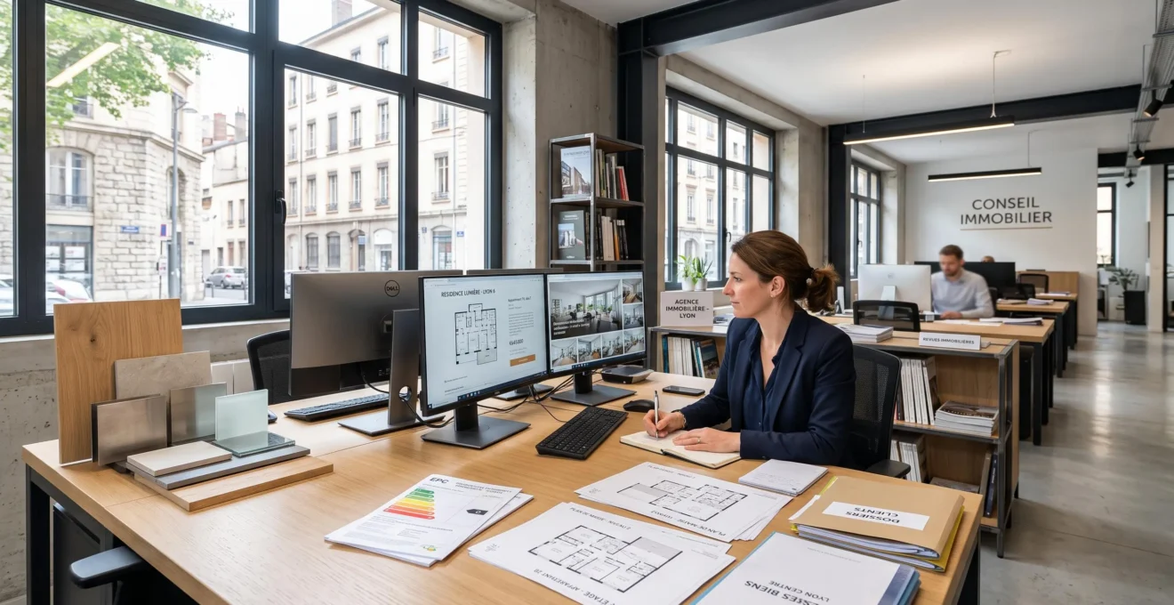 Conseiller immobilier dans une agence moderne consultant des annonces immobilières sur ordinateur avec documents techniques DPE et plans visibles sur le bureau