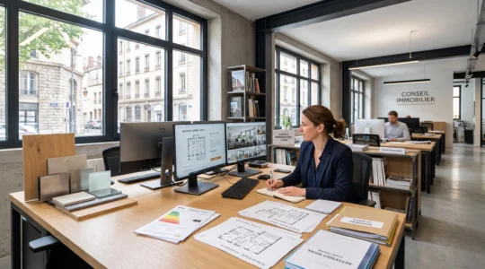 Conseiller immobilier dans une agence moderne consultant des annonces immobilières sur ordinateur avec documents techniques DPE et plans visibles sur le bureau