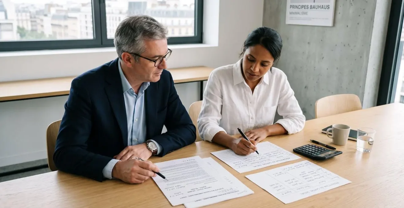 Deux associés de profils différents assis à une table de travail contemporaine, examinant ensemble des documents de statuts de SCI annotés, dans un bureau lumineux épuré