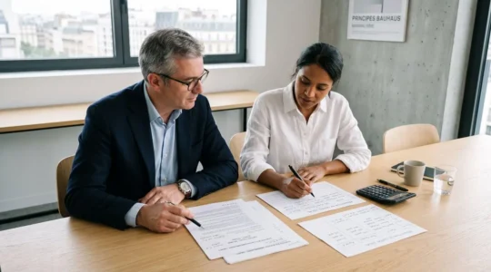 Deux associés de profils différents assis à une table de travail contemporaine, examinant ensemble des documents de statuts de SCI annotés, dans un bureau lumineux épuré