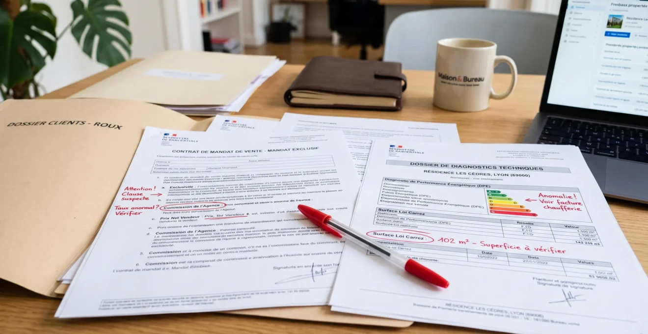 Documents d'annonce immobilière sur bureau d'agence avec stylo rouge soulignant des éléments à vérifier