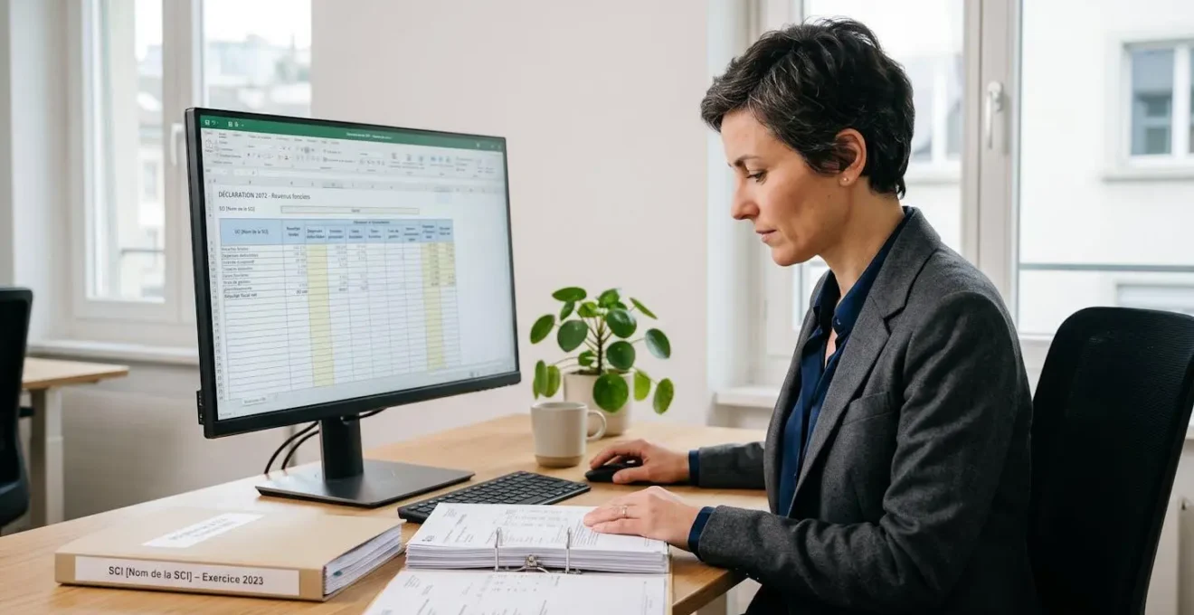 Gestionnaire professionnelle travaillant sur une déclaration fiscale de SCI, écran d'ordinateur affichant un formulaire 2072 de revenus fonciers, dans un bureau contemporain lumineux
