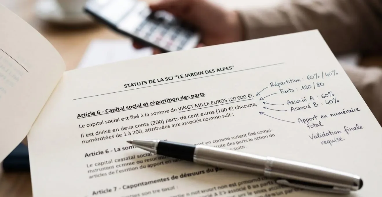 Gros plan sur une page de statuts de SCI avec mise au point sur l'article relatif au capital social, annotations manuscrites en marge et stylo posé sur le document