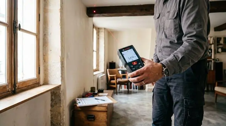 Main d'expert utilisant un mètre laser numérique pour mesurer la surface d'un appartement avec affichage digital visible