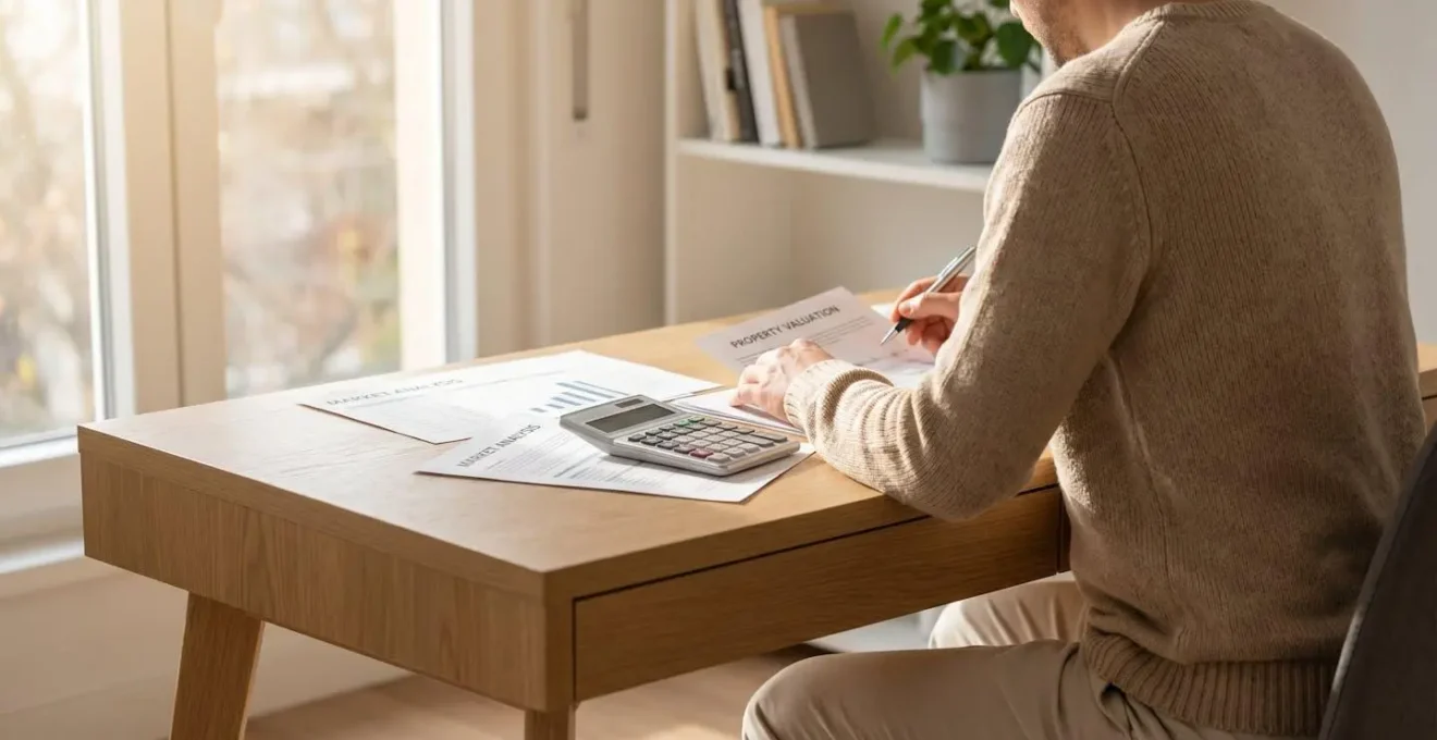 Propriétaire analysant des documents financiers et utilisant une calculatrice pour évaluer sa stratégie de vente
