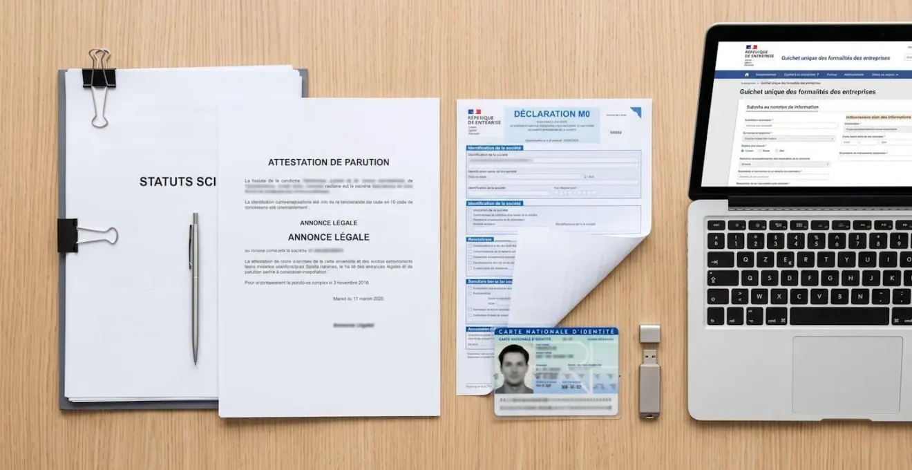 Vue aérienne d'un bureau blanc avec dossier d'immatriculation SCI organisé : statuts reliés, attestation annonce légale, formulaire administratif, ordinateur montrant l'interface du guichet unique